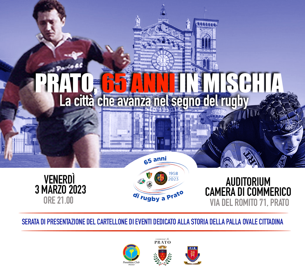 Venerdì 3 marzo il rugby cittadino si riunisce con l’evento “Prato, 65 anni in mischia”